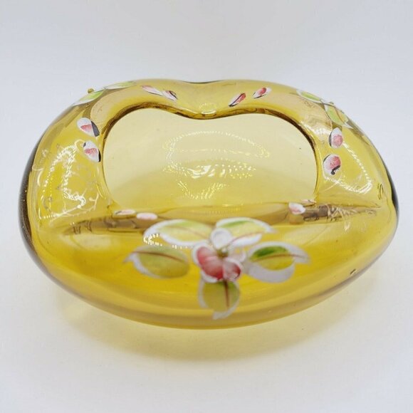 Vintage Amber Blown Glass Ashtray Hand Painted Flowers Gold Gilt Painting - Picture 2 of 10